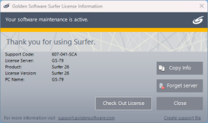 Surfer License Information dialog showing active maintenance status