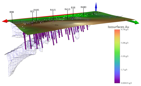 This 3D subsurface map shows different envelopes of mineralization.