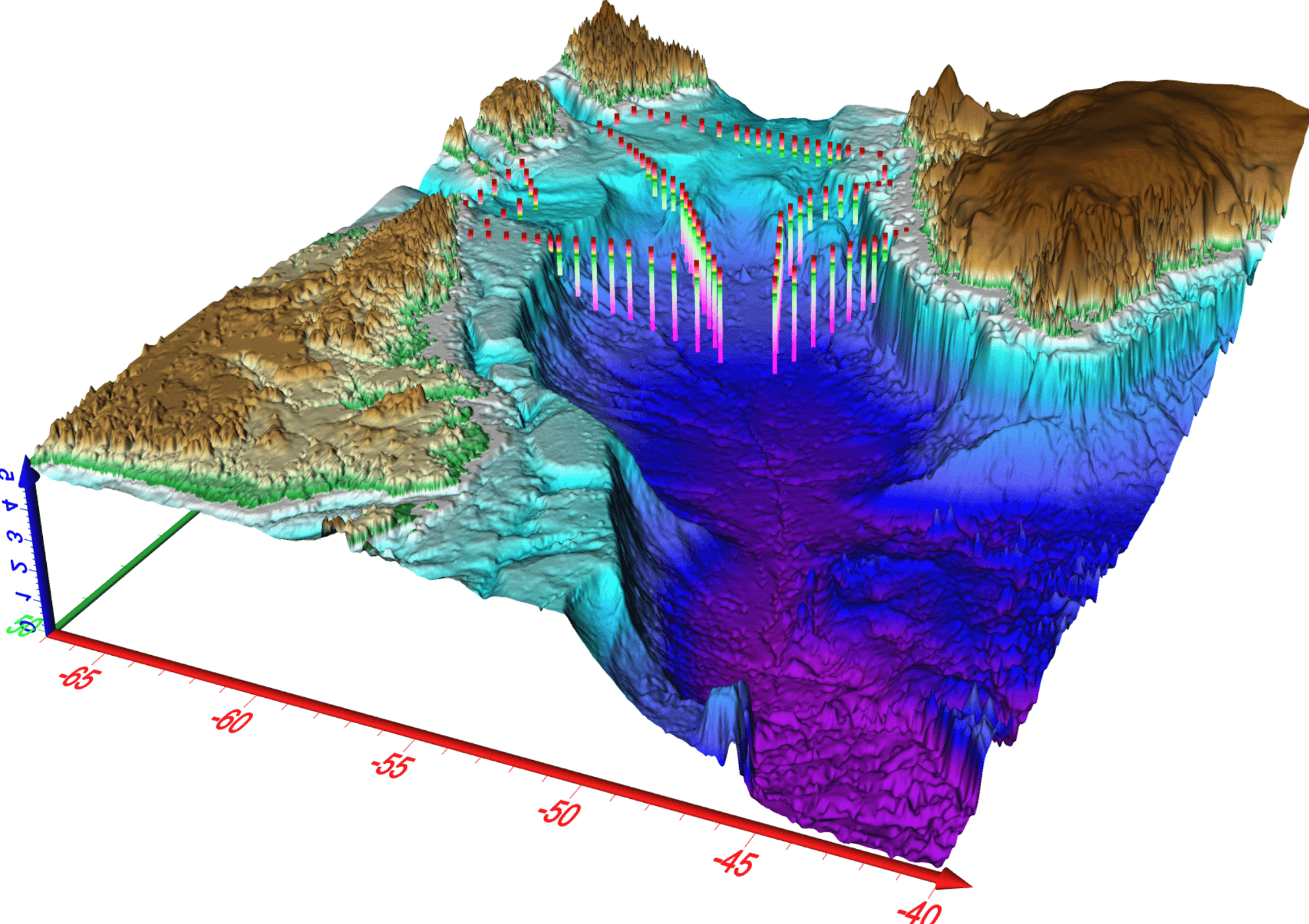 This visualization is a 3D map showcasing the seafloor. 